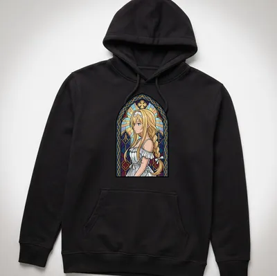 Stained glass illustration of Alice Zuberg in vibrant colors — printed on a unisex hoodie