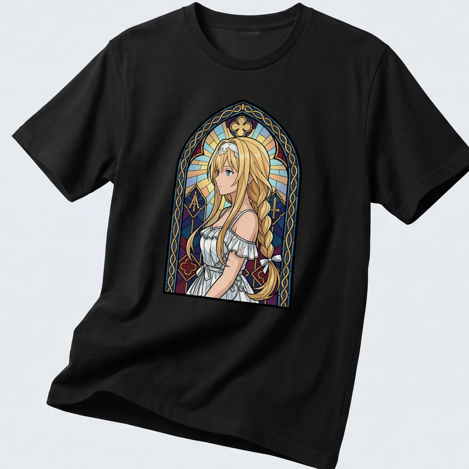 Stained glass illustration of Alice Zuberg in vibrant colors — printed on a unisex t-shirt