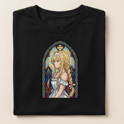Stained glass illustration of Alice Zuberg in vibrant colors — printed on a women's shirt