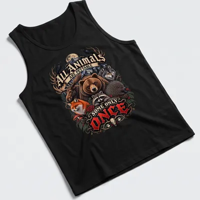 Illustration of various wild animals with humorous text about petting them. — printed on a tank top