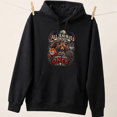 Illustration of various wild animals with humorous text about petting them. — printed on a unisex hoodie