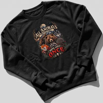 Illustration of various wild animals with humorous text about petting them. — printed on a unisex sweatshirt