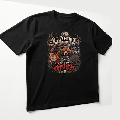 Illustration of various wild animals with humorous text about petting them. — printed on a unisex t-shirt (angled view)