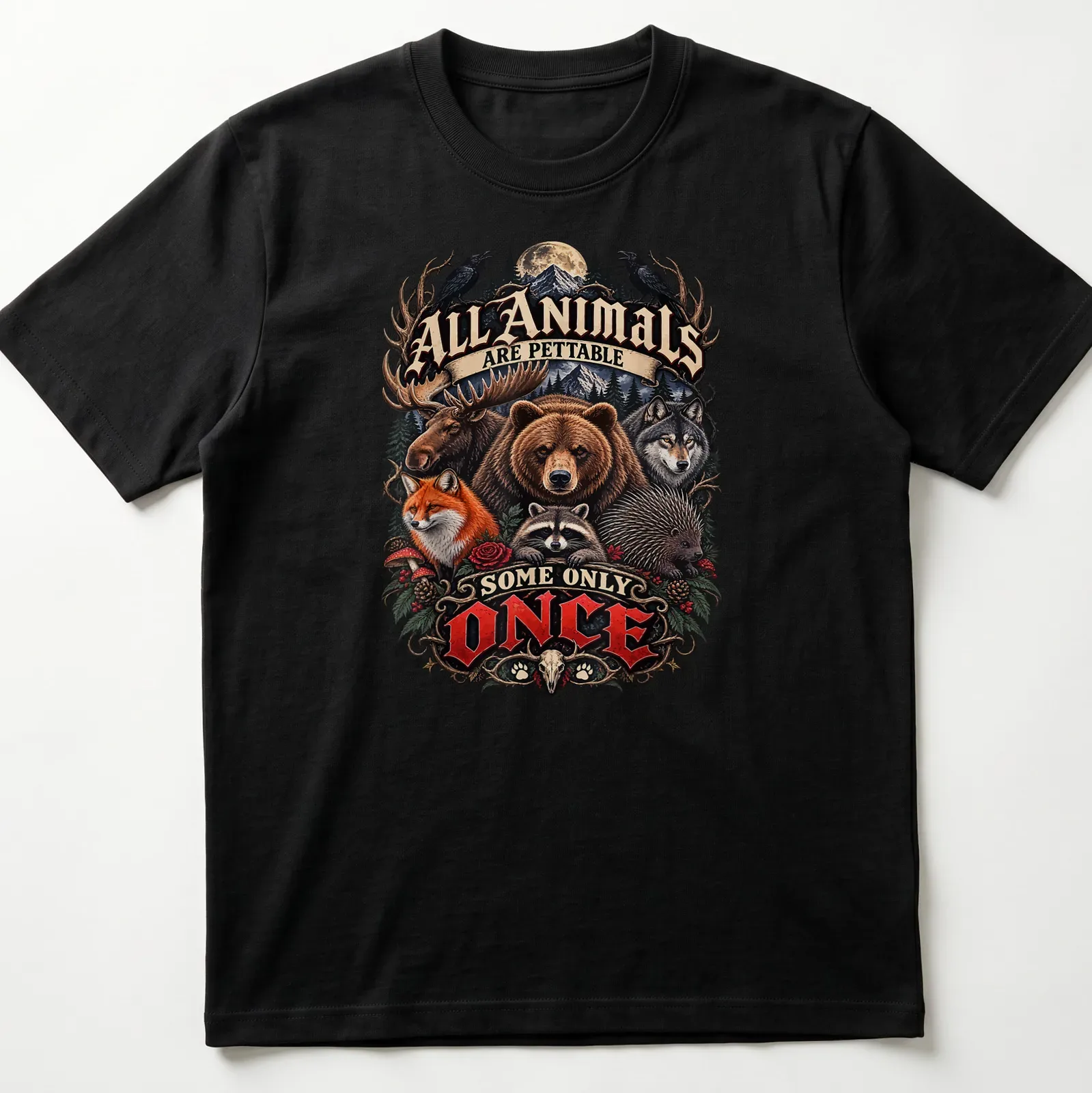 Illustration of various wild animals with humorous text about petting them. — printed on a unisex t-shirt