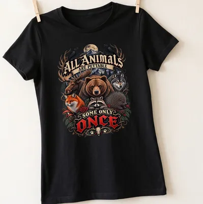 Illustration of various wild animals with humorous text about petting them. — printed on a women's shirt