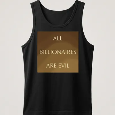 Bold gold text on brown: 'ALL BILLIONAIRES ARE EVIL' — printed on a tank top