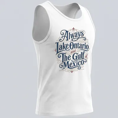 Ornate vintage design with text about Lake Ontario and the Gulf of Mexico in blue, red, and cream. — printed on a tank top