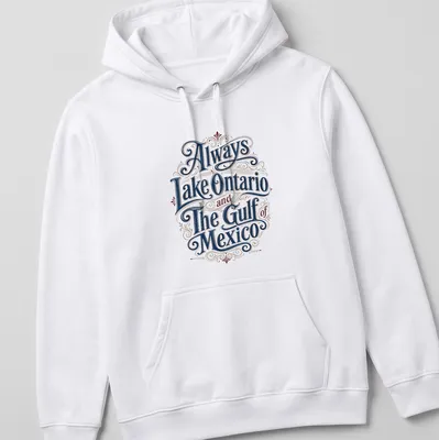 Ornate vintage design with text about Lake Ontario and the Gulf of Mexico in blue, red, and cream. — printed on a unisex hoodie