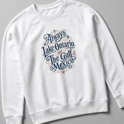 Ornate vintage design with text about Lake Ontario and the Gulf of Mexico in blue, red, and cream. — printed on a unisex sweatshirt