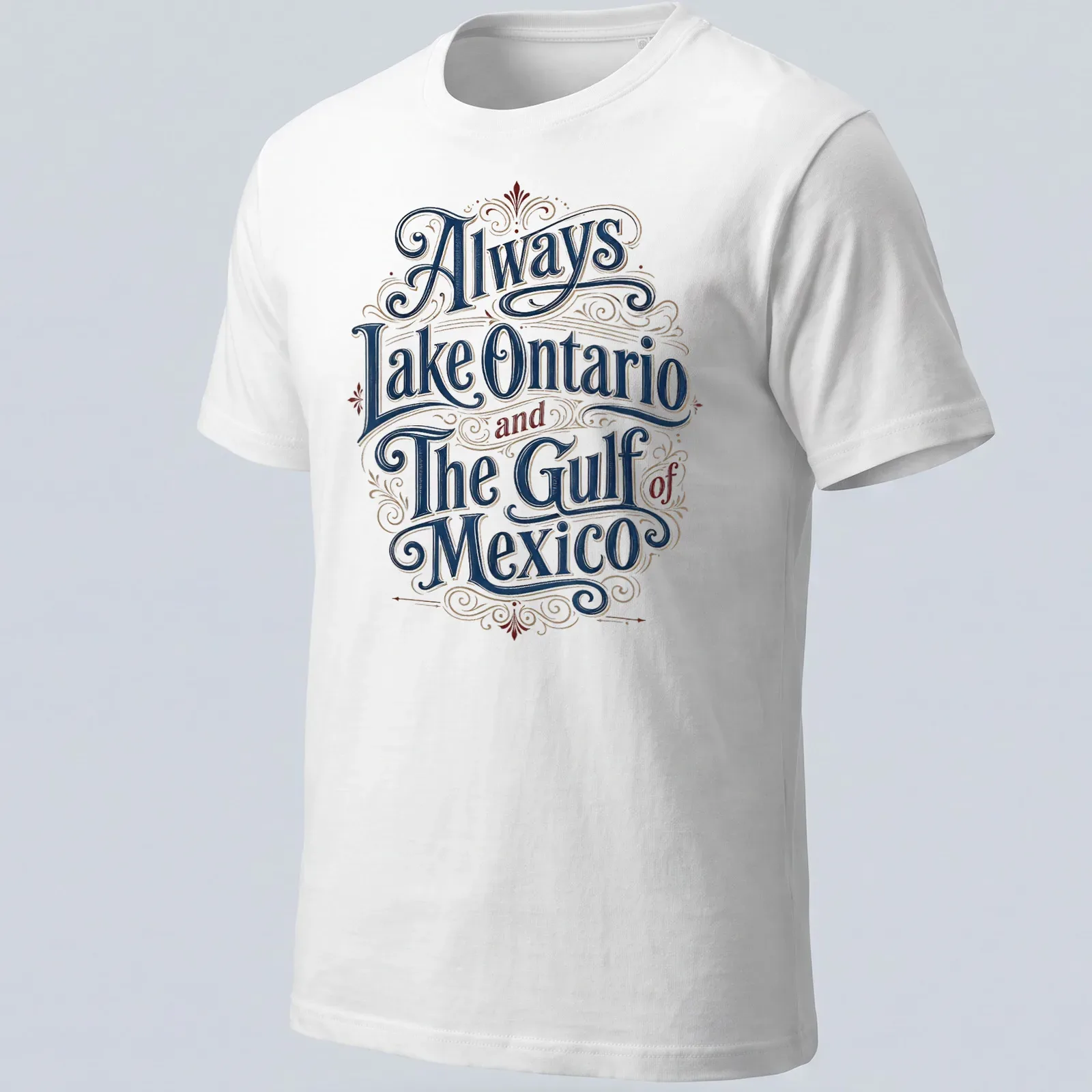 Ornate vintage design with text about Lake Ontario and the Gulf of Mexico in blue, red, and cream. — printed on a unisex t-shirt