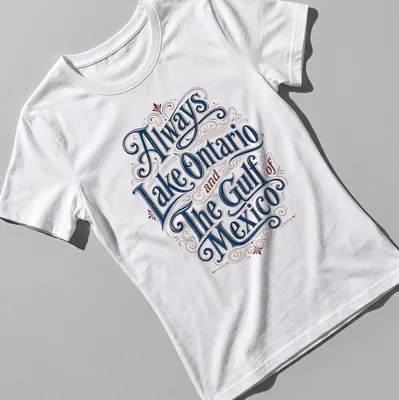 Ornate vintage design with text about Lake Ontario and the Gulf of Mexico in blue, red, and cream. — printed on a women's shirt