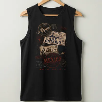 Vintage travel stamps design featuring Lake Ontario and Gulf of Mexico text — printed on a tank top