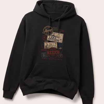 Vintage travel stamps design featuring Lake Ontario and Gulf of Mexico text — printed on a unisex hoodie