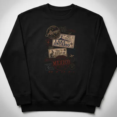 Vintage travel stamps design featuring Lake Ontario and Gulf of Mexico text — printed on a unisex sweatshirt