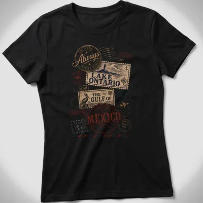 Vintage travel stamps design featuring Lake Ontario and Gulf of Mexico text — printed on a women's shirt