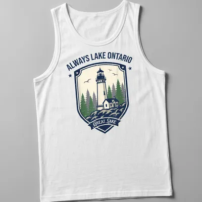 Vintage Lake Ontario T-shirt featuring a lighthouse and pine trees — printed on a tank top