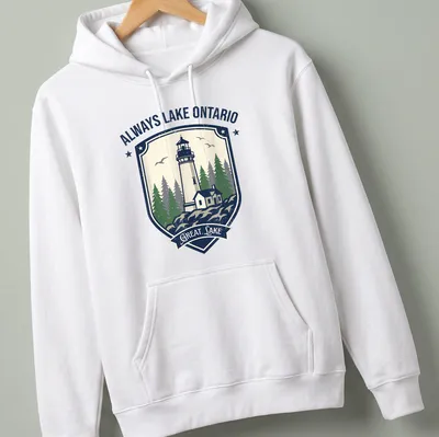 Vintage Lake Ontario T-shirt featuring a lighthouse and pine trees — printed on a unisex hoodie