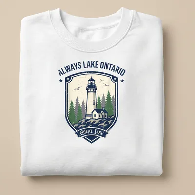 Vintage Lake Ontario T-shirt featuring a lighthouse and pine trees — printed on a unisex sweatshirt