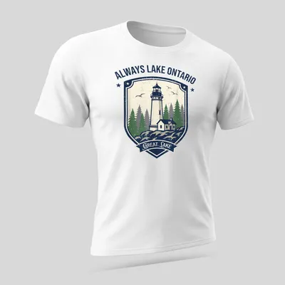 Vintage Lake Ontario T-shirt featuring a lighthouse and pine trees — printed on a unisex t-shirt (angled view)