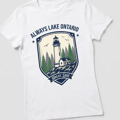 Vintage Lake Ontario T-shirt featuring a lighthouse and pine trees — printed on a women's shirt