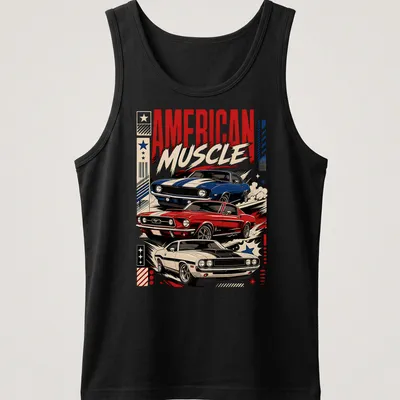 Vintage retro shirt featuring American muscle cars and bold text — printed on a tank top
