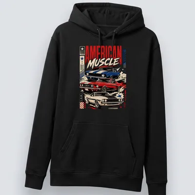 Vintage retro shirt featuring American muscle cars and bold text — printed on a unisex hoodie