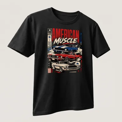 Vintage retro shirt featuring American muscle cars and bold text — printed on a unisex t-shirt (angled view)