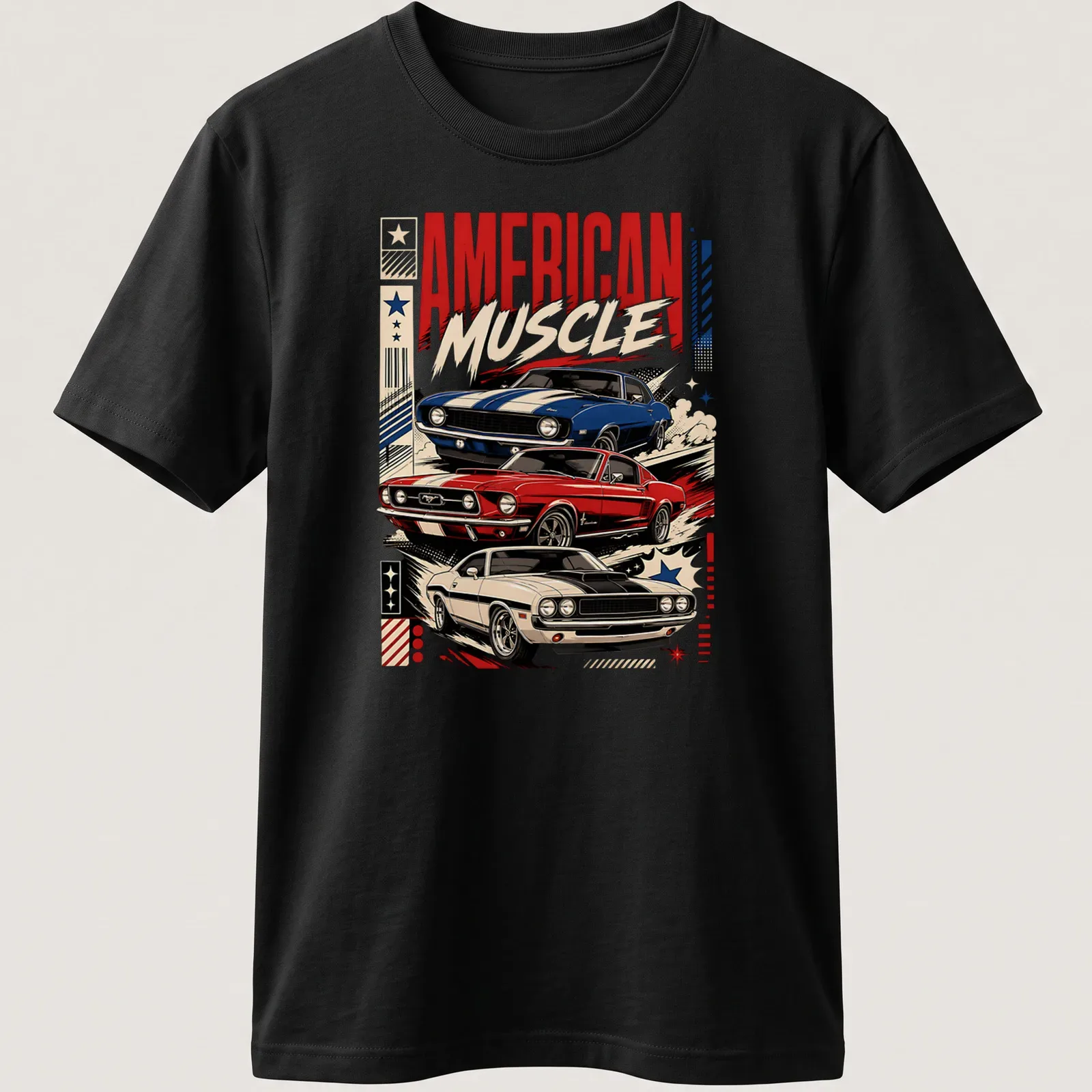 Vintage retro shirt featuring American muscle cars and bold text — printed on a unisex t-shirt