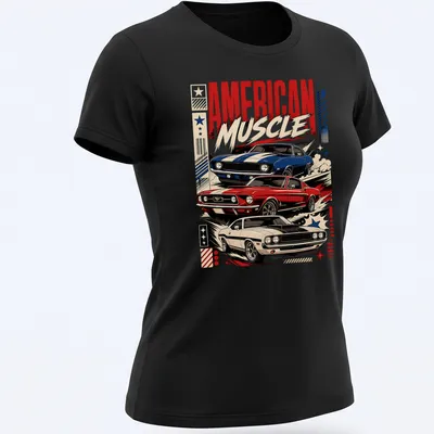 Vintage retro shirt featuring American muscle cars and bold text — printed on a women's shirt