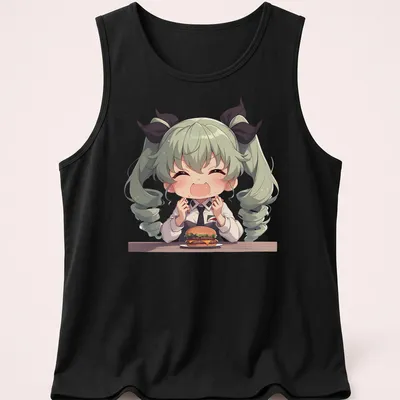 Chibi girl holding a hamburger in kawaii style with vibrant colors — printed on a tank top