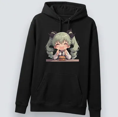 Chibi girl holding a hamburger in kawaii style with vibrant colors — printed on a unisex hoodie