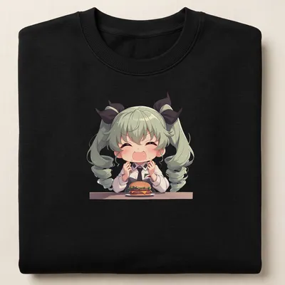 Chibi girl holding a hamburger in kawaii style with vibrant colors — printed on a unisex sweatshirt