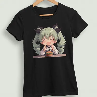 Chibi girl holding a hamburger in kawaii style with vibrant colors — printed on a women's shirt