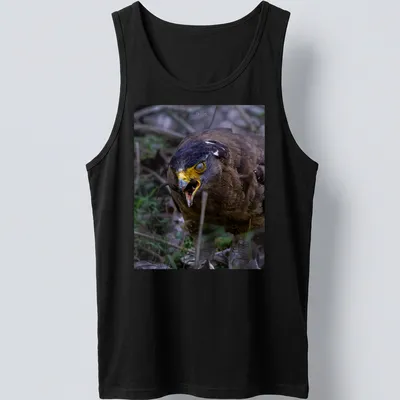 Realistic photo of an angry bird with yellow beak and dark feathers — printed on a tank top
