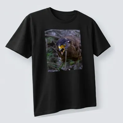 Realistic photo of an angry bird with yellow beak and dark feathers — printed on a unisex t-shirt (angled view)