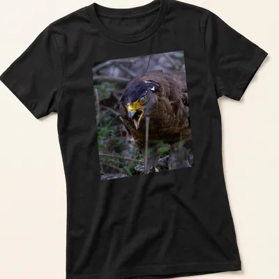 Realistic photo of an angry bird with yellow beak and dark feathers — printed on a women's shirt