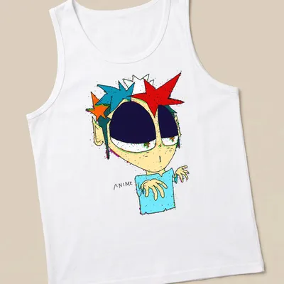 Colorful spiky-haired anime character design with bold ANIME text — printed on a tank top