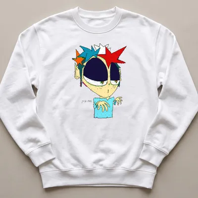 Colorful spiky-haired anime character design with bold ANIME text — printed on a unisex sweatshirt