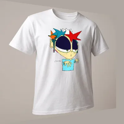 Colorful spiky-haired anime character design with bold ANIME text — printed on a unisex t-shirt (angled view)