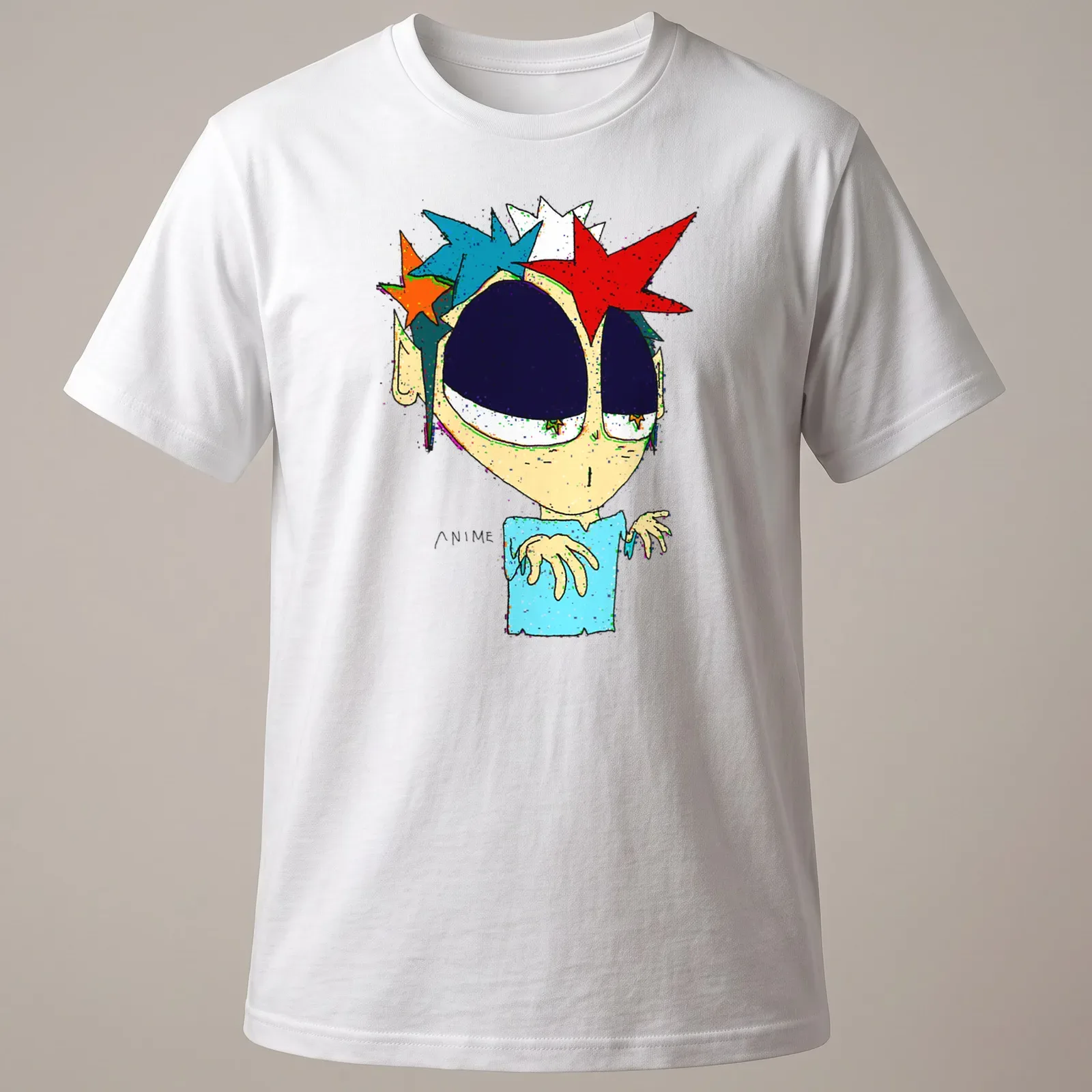 Colorful spiky-haired anime character design with bold ANIME text — printed on a unisex t-shirt