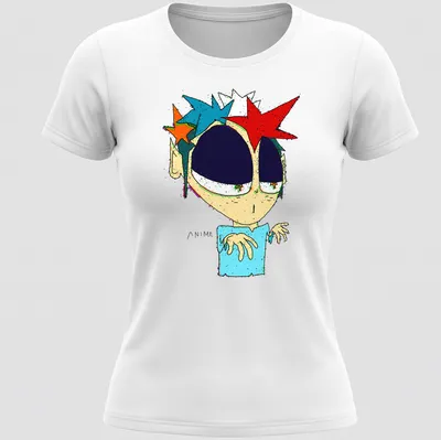 Colorful spiky-haired anime character design with bold ANIME text — printed on a women's shirt