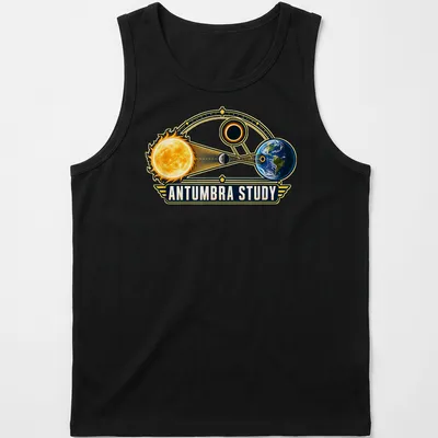 Illustrative design of sun, moon, and earth in an eclipse scene with text — printed on a tank top
