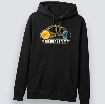 Illustrative design of sun, moon, and earth in an eclipse scene with text — printed on a unisex hoodie