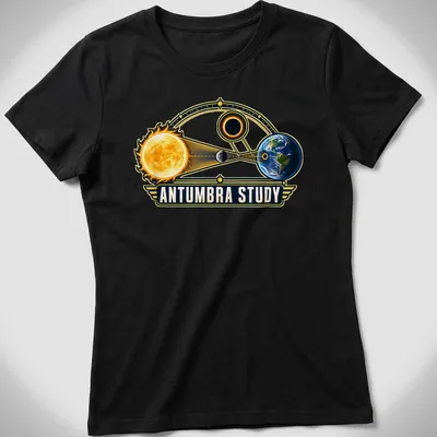 Illustrative design of sun, moon, and earth in an eclipse scene with text — printed on a women's shirt