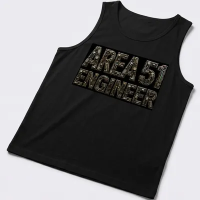Industrial steampunk print with mechanical letters saying AREA 51 ENGINEER — printed on a tank top