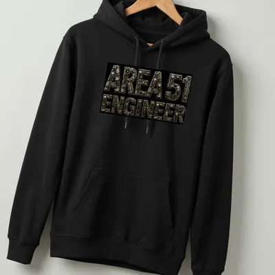 Industrial steampunk print with mechanical letters saying AREA 51 ENGINEER — printed on a unisex hoodie