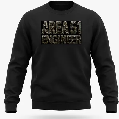 Industrial steampunk print with mechanical letters saying AREA 51 ENGINEER — printed on a unisex sweatshirt