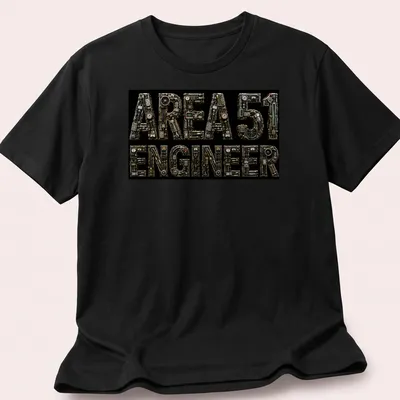 Industrial steampunk print with mechanical letters saying AREA 51 ENGINEER