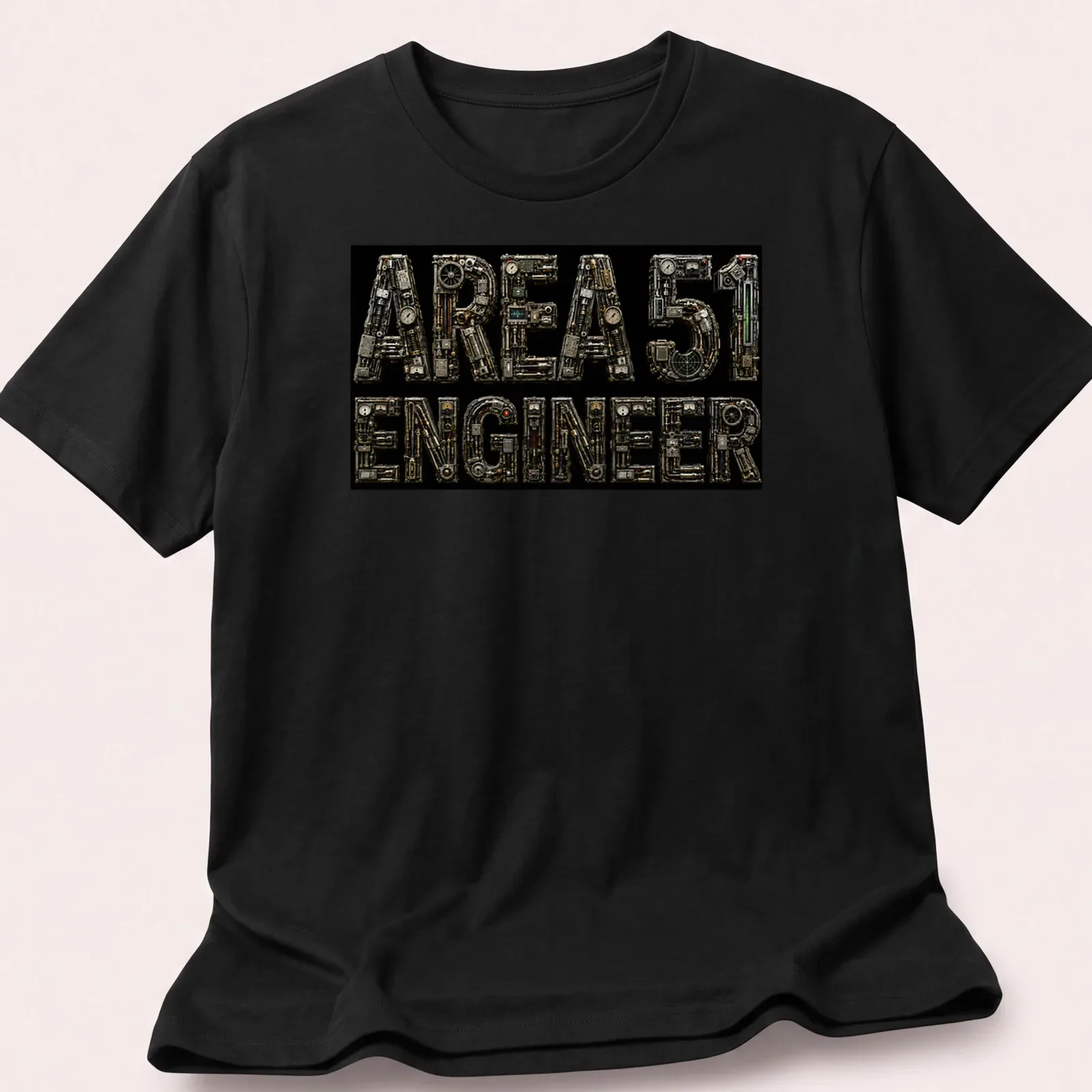 Industrial steampunk print with mechanical letters saying AREA 51 ENGINEER — printed on a unisex t-shirt