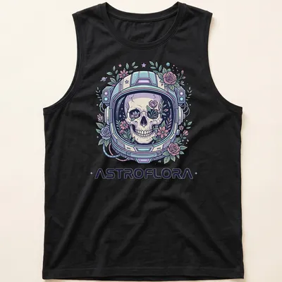 Colorful skull in a space helmet detailed with flowers and pastel colors — printed on a tank top